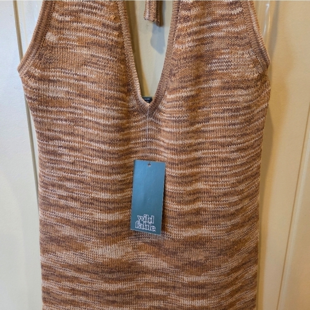 Light Brown Space Dye Knit Halter Mini Dress Medium New Women's - Picture 3 of 8